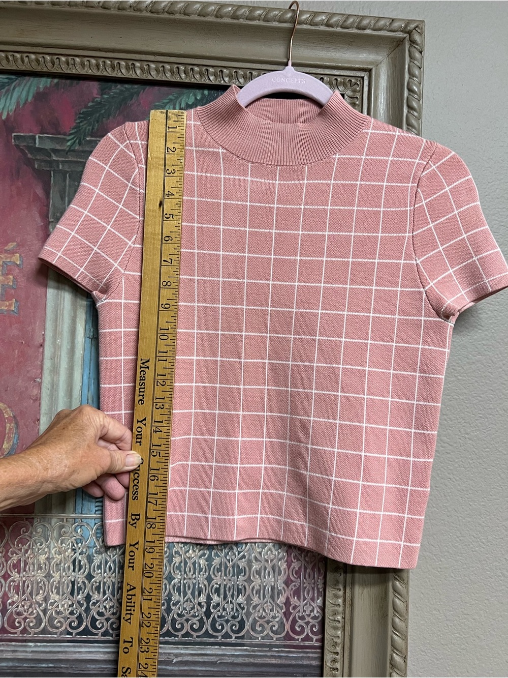 Anthropologie Maeve Pink Grid Mock-Neck Short Sleeve Top - Picture 7 of 11